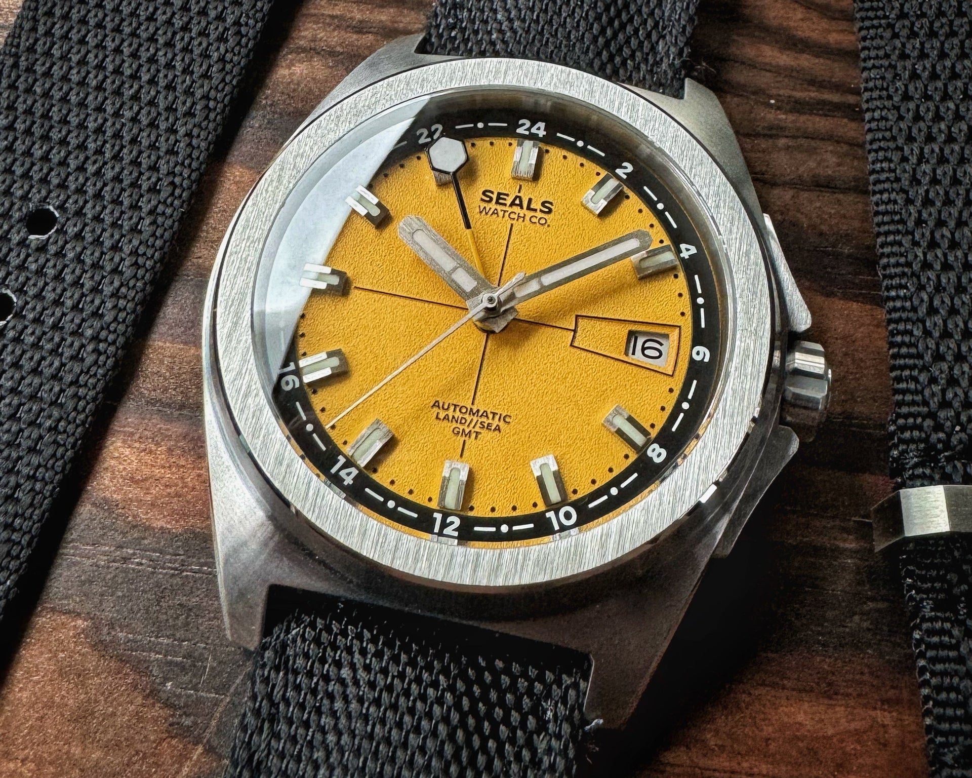 True Travelers GMT by Seals Watch Company in Burnt Yellow and Black Accents and Big GMT Hand