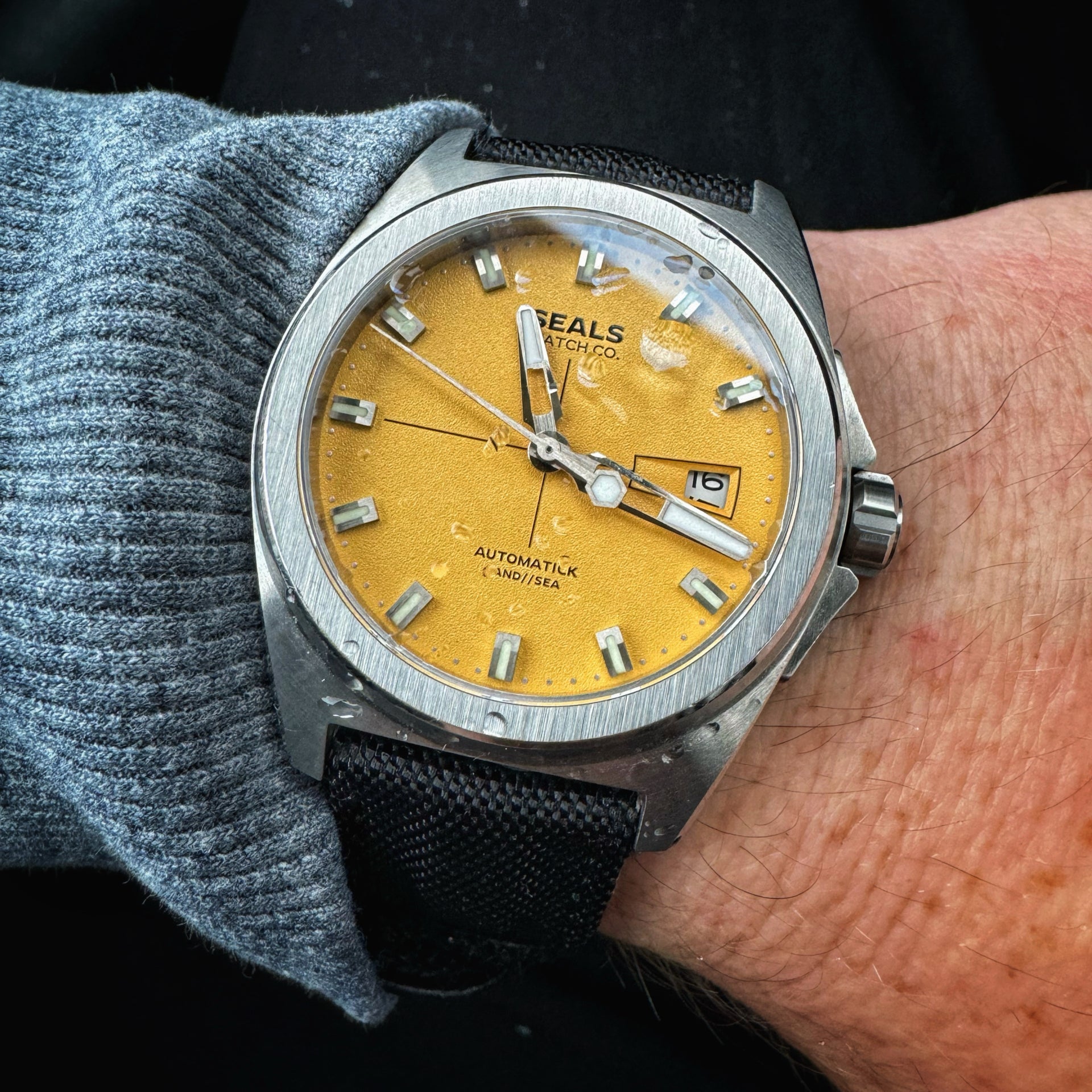 Yellow and Black Seals Watch Company Land // Sea Automatic Designed in California