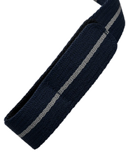 A navy blue woven strap with a single light gray stripe and a brushed steel buckle, photographed on a light background.