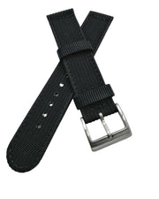 A black tough nylon field watch strap with metal buckle, showcasing its rugged texture and 20mm width.