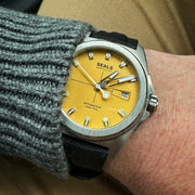 Land // Sea Yellow and Black Automatic Watch by Seals Watch Company on the Wrist