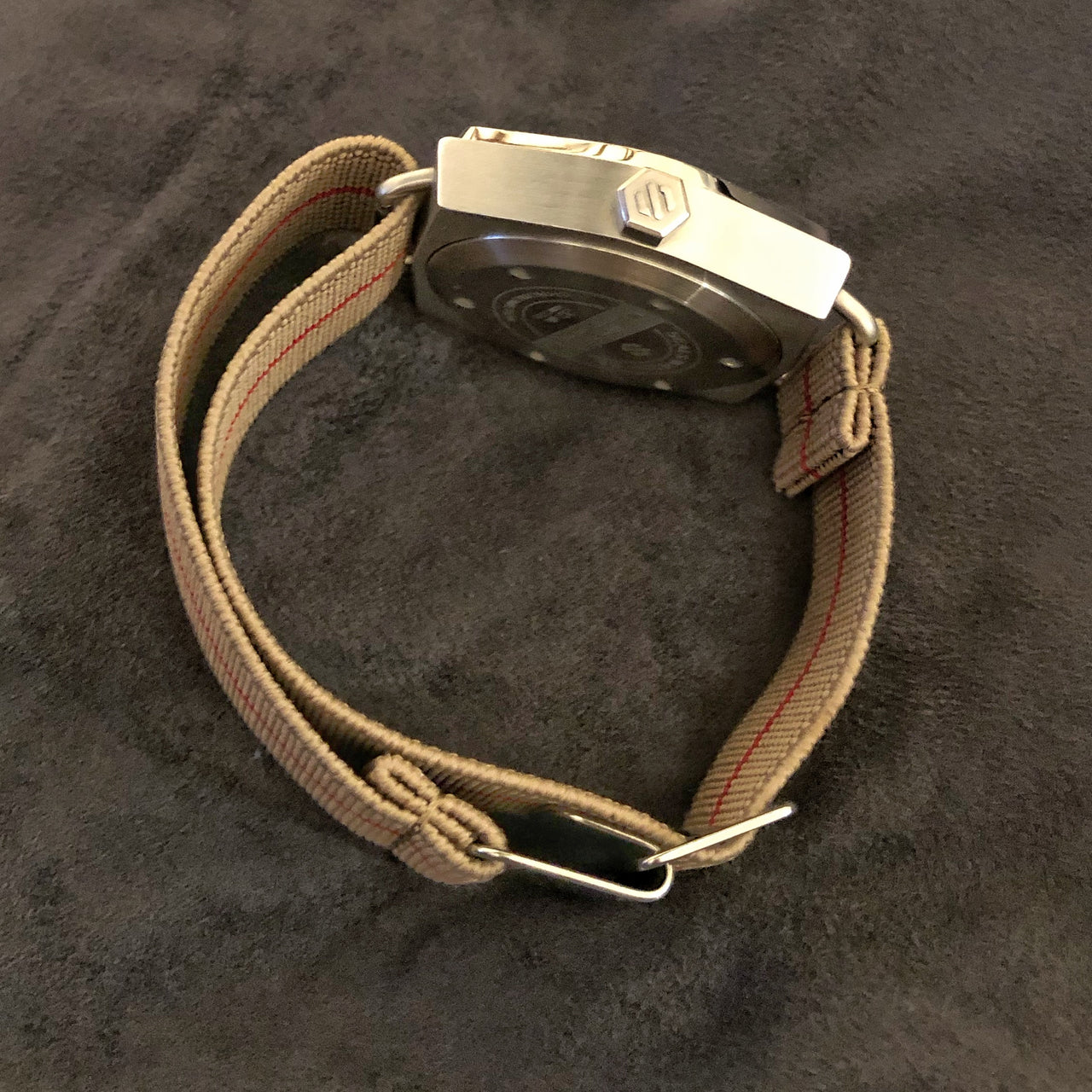 Parachute Style "No Pass" Elastic Watch Straps - Khaki With Red Stripe - American Microbrand