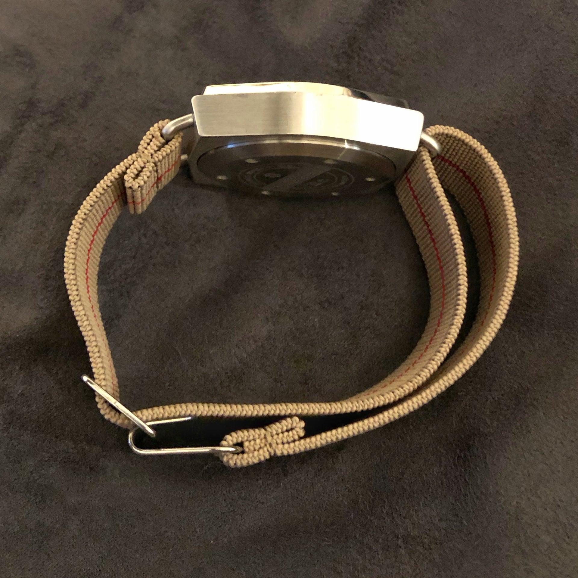 Parachute Style "No Pass" Elastic Watch Straps - Khaki With Red Stripe - American Microbrand