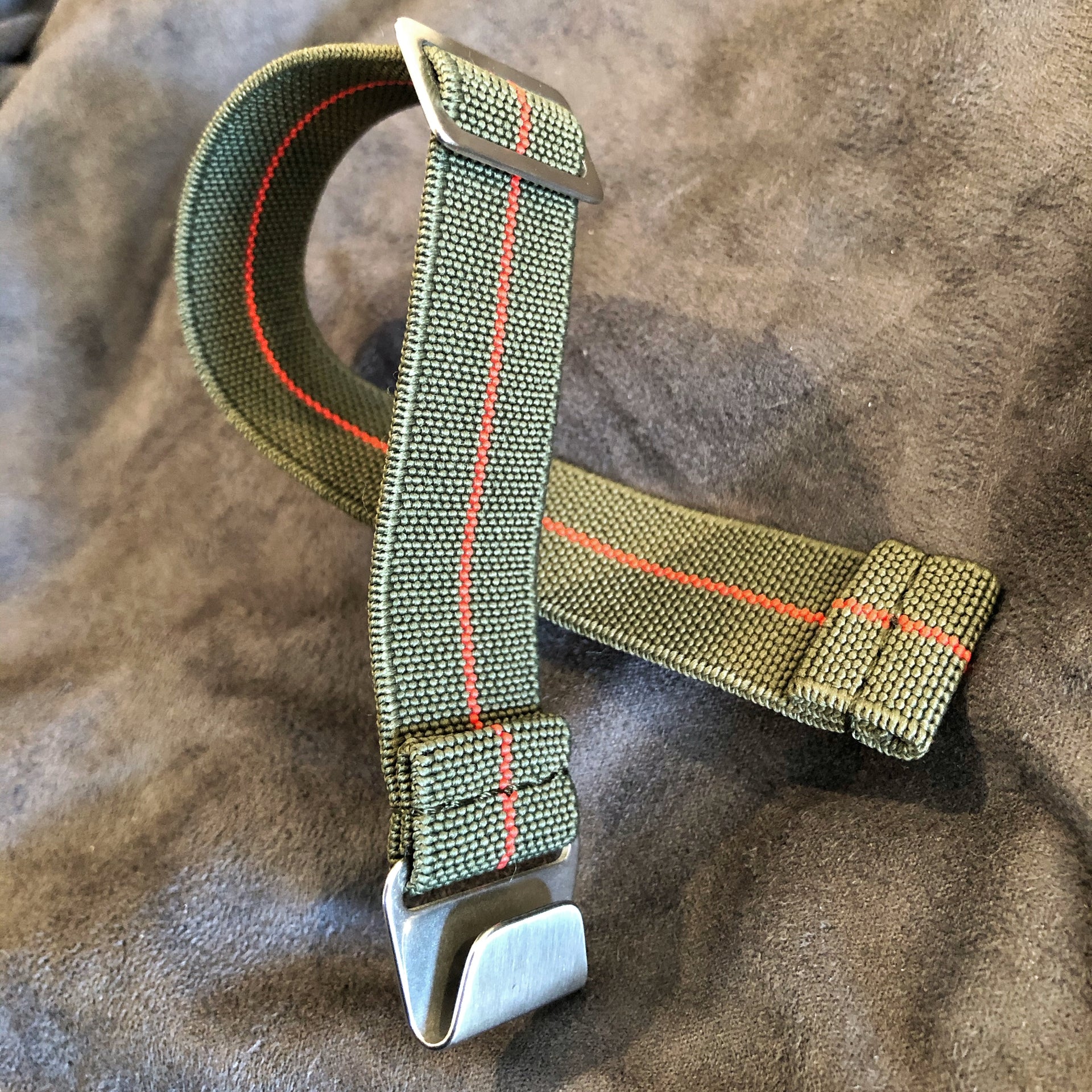 Parachute Style "No Pass" Elastic Watch Strap - Forest Green and Red Stripe - American Microbrand