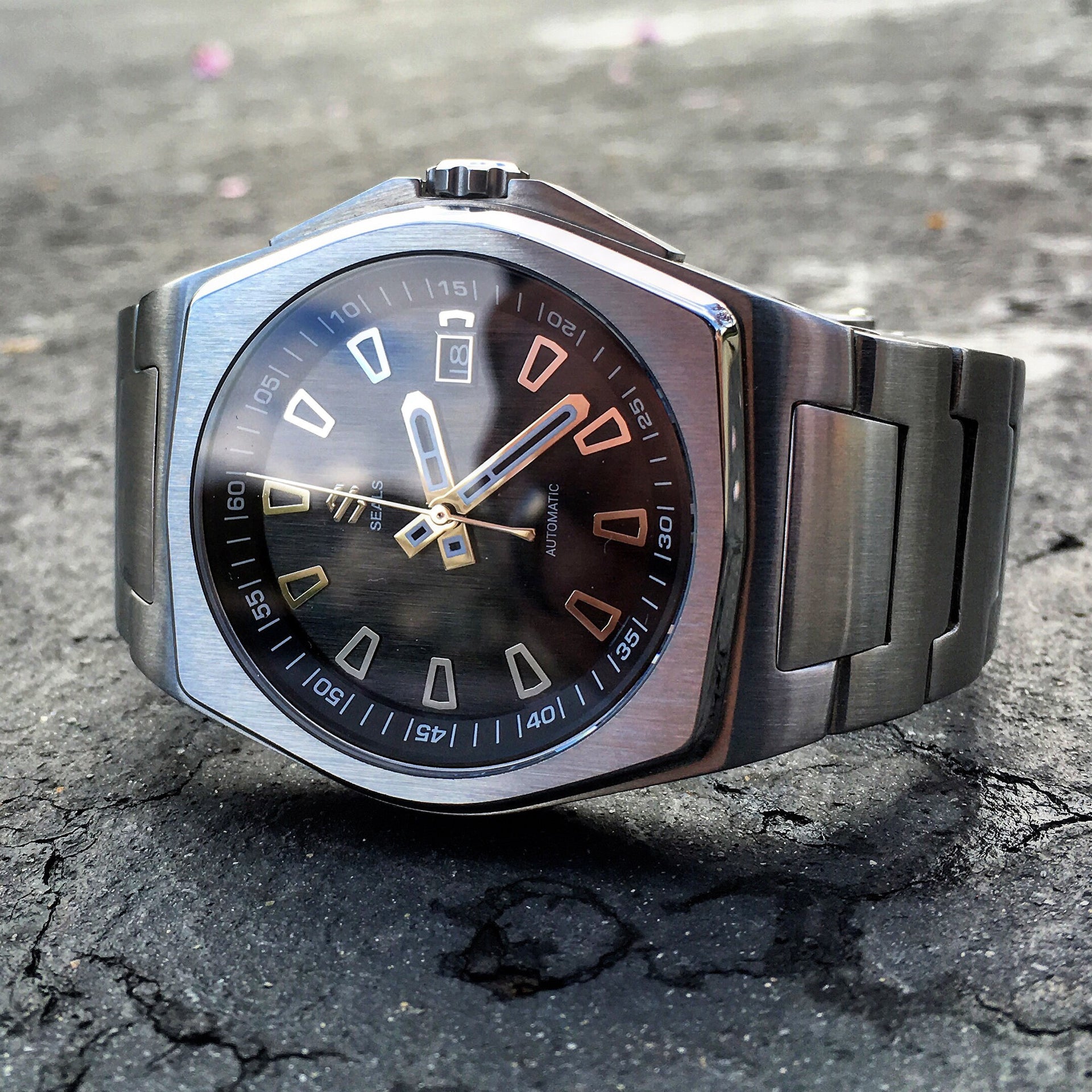 Stainless Steel With Brushed Black Dial on Steel Bracelet Automatic Watch - American Microbrand